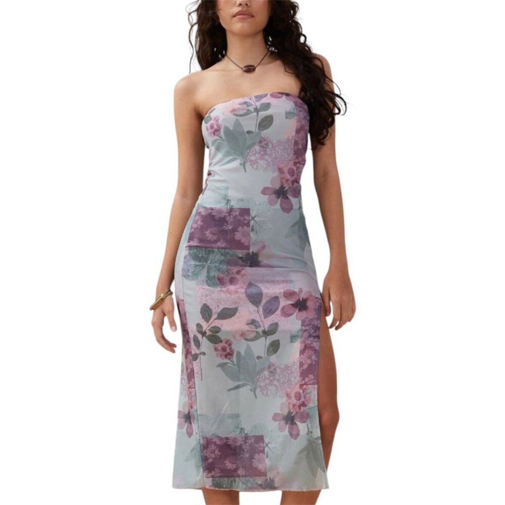 Motel Rocks Nehwa y2k Bandeau Mesh Midi Dress Abstract Scrapbook S/M